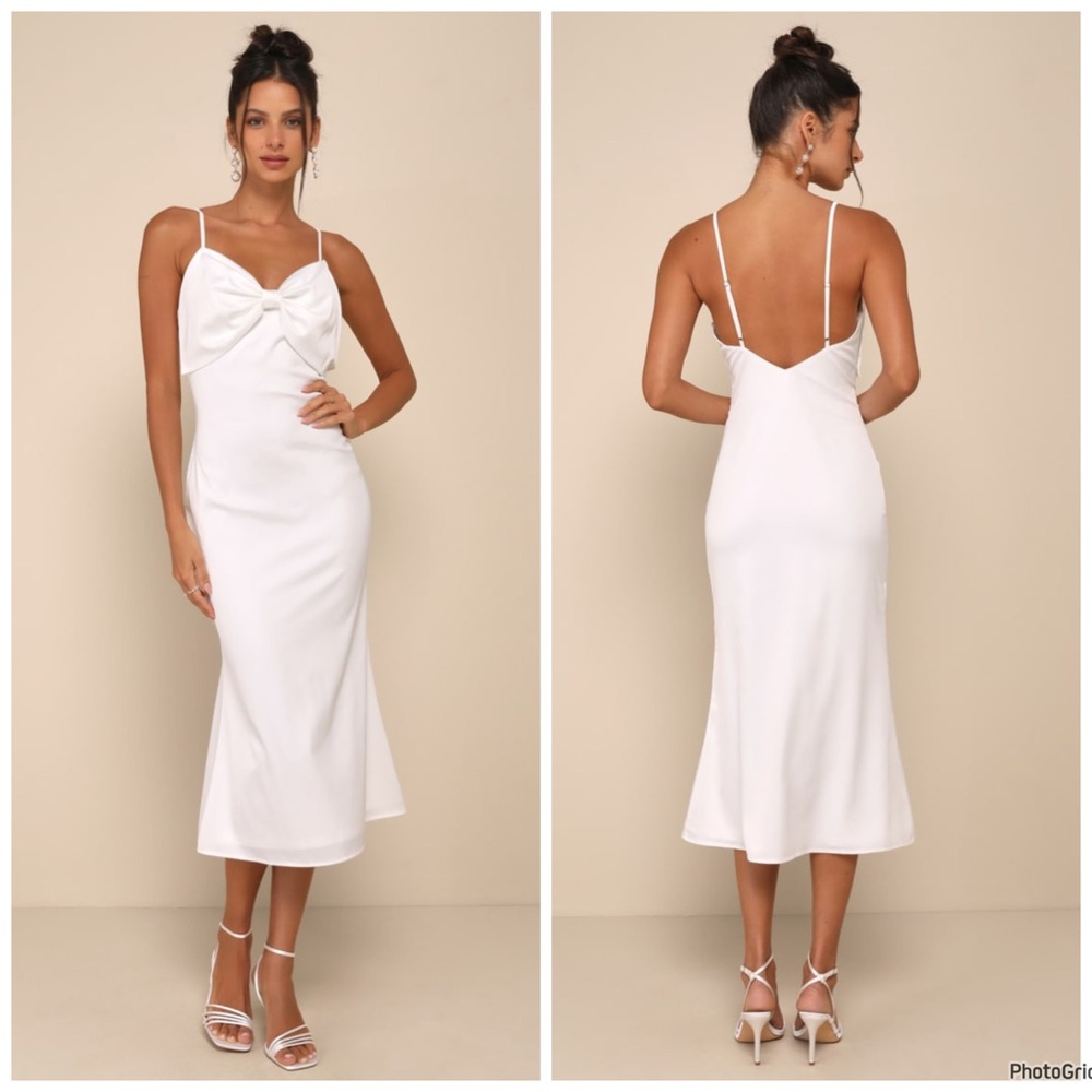NWOT Lulu’s Extravagantly Sleek White Satin Bow Midi Dress L $69 Large